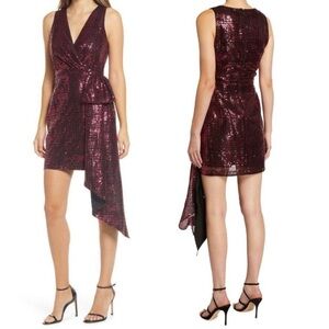 One33 Social Fuchsia Sequin Faux Wrap Side Bow Sash Mini Dress